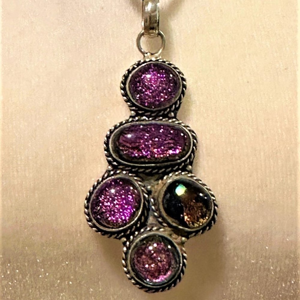 Stunning Five Stone DICHROIC Glass Iridescent Pink Purple Pendant .925 Silver